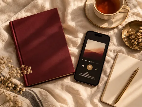 Sobre uma manta de linho: livro de capa vinho, celular tocando um áudio, xícara de chá e caderno aberto com caneta dourada.